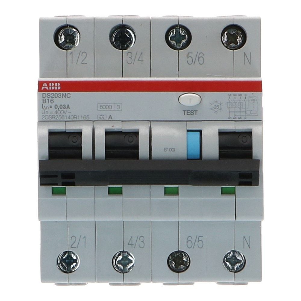 ABB Aardlekautomaat B16 3 polig + nul 30mA 6kA DS201