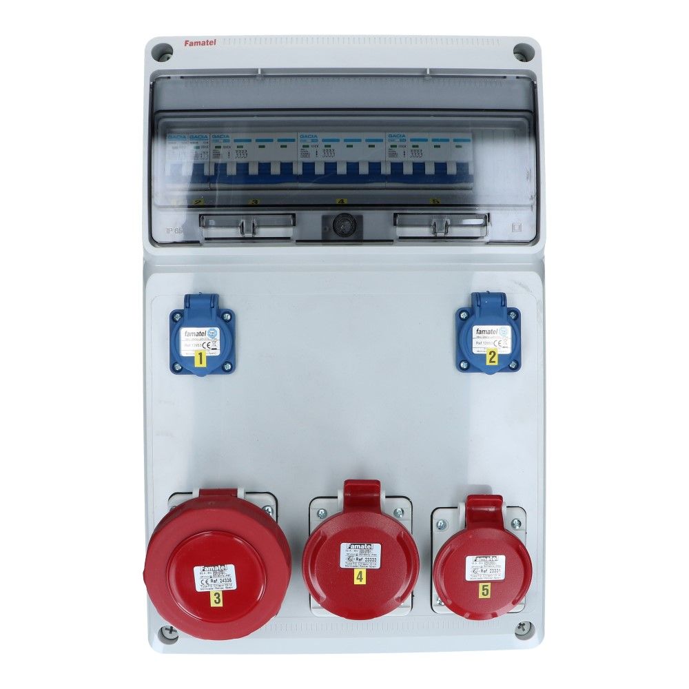 Wandverdeelkast IP44 beveiligd: 1x CEE 63A 5p 1x32A 5p 1x16A 5p 2x schuko