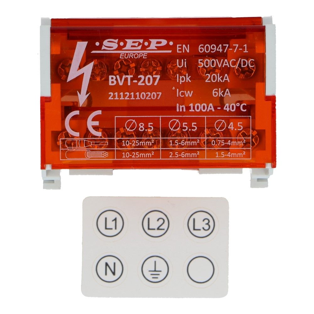 Verdeelblok BVT 100A 2 rijen 7 aansluitingen 500V AC/DC