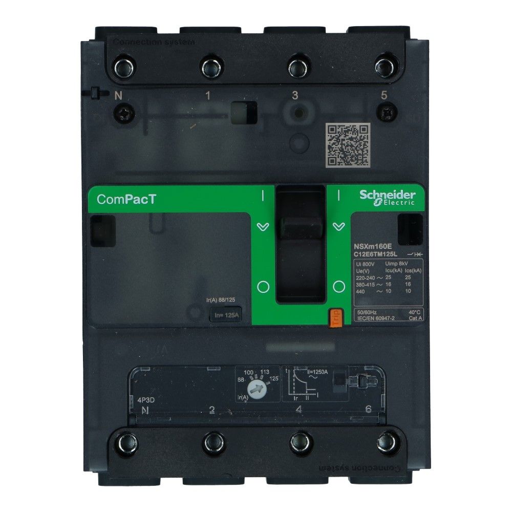 Installatieautomaat 3 polig + nul 125A TM-D 16kA Compact NSXm160E Everlink