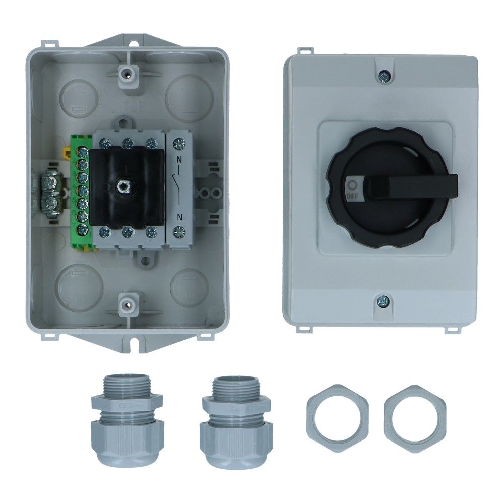 PV-werkschakelaar 25A 4 polig IP65 met 7x PE