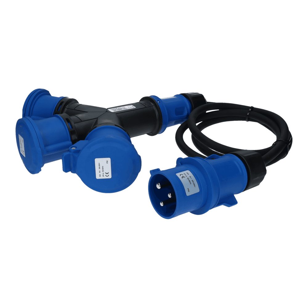 CEE verlengkabel 3 polig naar 3xCEE 3polig 32A female 2 meter IP54 H07RN-F