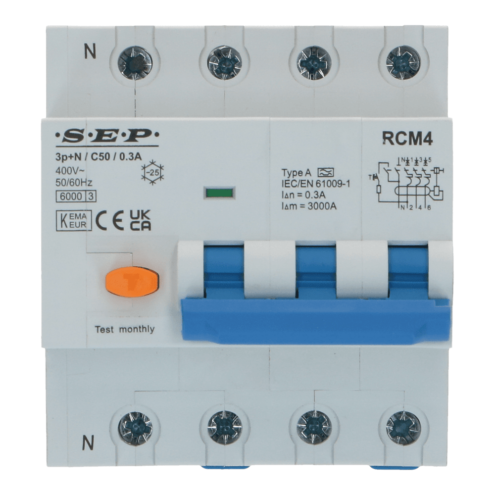Aardlekautomaat B 50A 3 polig + nul 30mA 6kA (81mm) Aardlekautomaat B 50A 3 polig + nul 30mA 6kA (81mm)