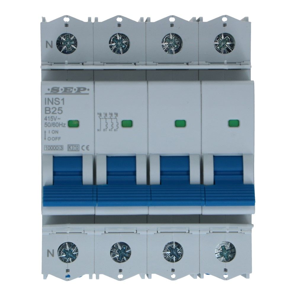 Installatieautomaat 3 polig + nul 25A karakteristiek B 10/15kA INS1 Installatieautomaat 3 polig + nul 25A karakteristiek B 10/15kA INS1